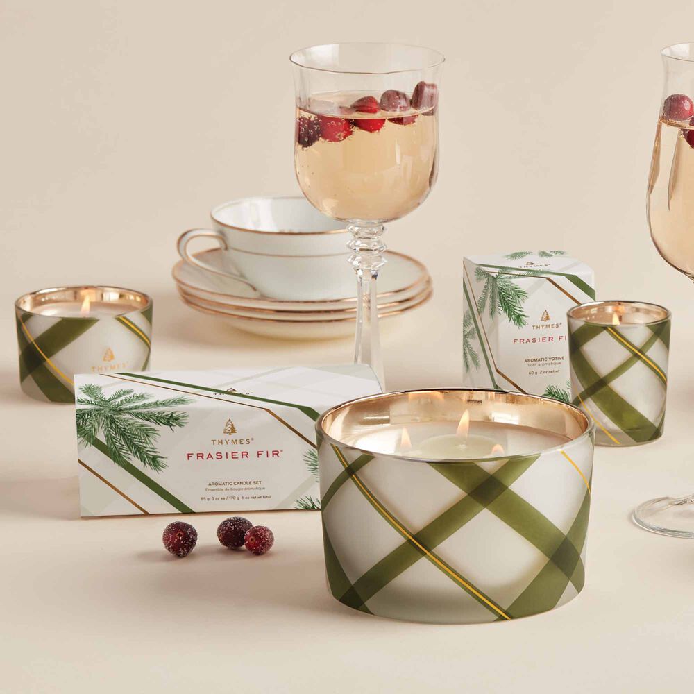 Thymes Frasier Fir Frosted Plaid Candle Collection image number 3